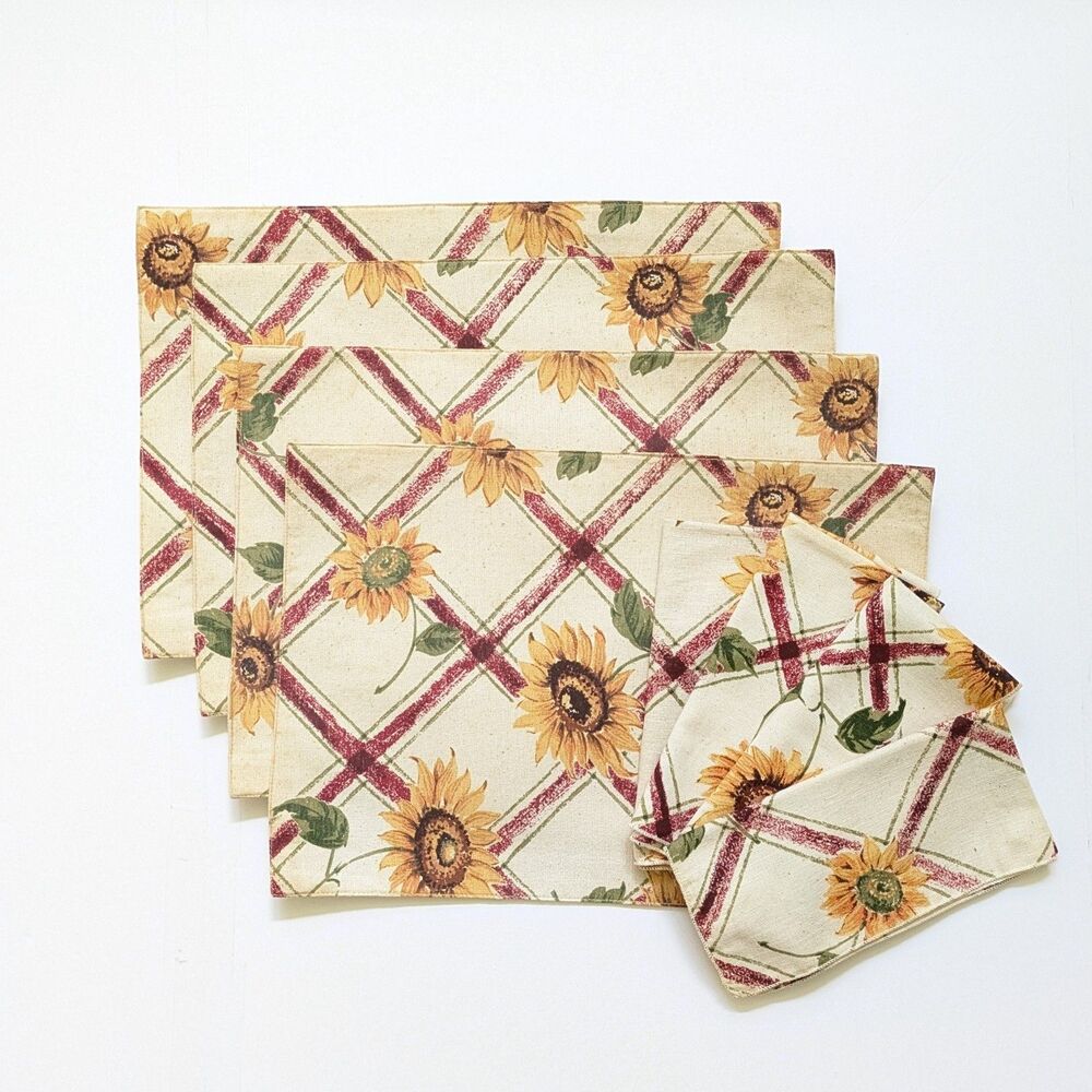 8 Pc Set Vintage Sunflower Fabric Placemats & Matching Napkins Farmhouse Lattice